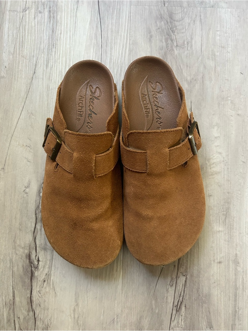 Skechers Tan Suede Slip-On Clogs with Buckle